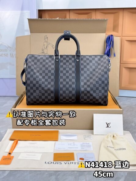 KEEPALL BANDOULIÈRE 45 TRAVEL BAG with BLACK GRID AND BLUE TIMES - 图片 2
