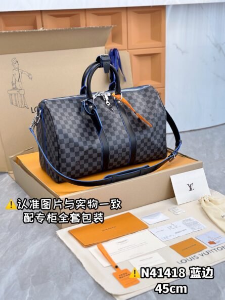 KEEPALL BANDOULIÈRE 45 TRAVEL BAG with BLACK GRID AND BLUE TIMES - 图片 3