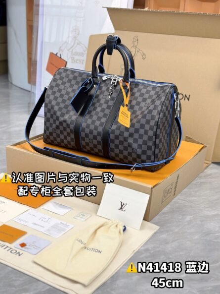 KEEPALL BANDOULIÈRE 45 TRAVEL BAG with BLACK GRID AND BLUE TIMES - 图片 4