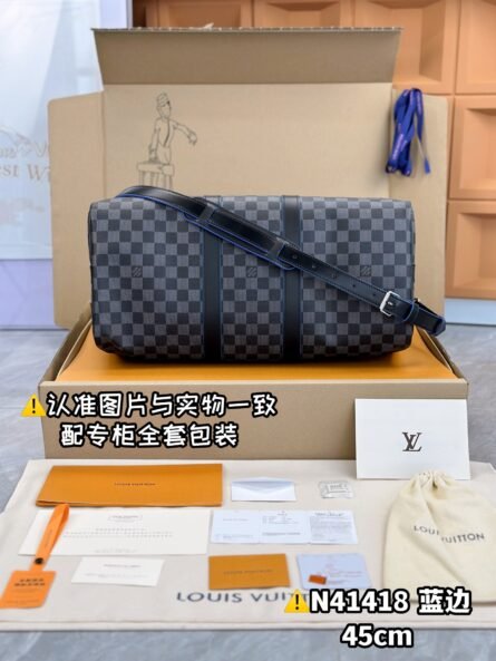 KEEPALL BANDOULIÈRE 45 TRAVEL BAG with BLACK GRID AND BLUE TIMES - 图片 5