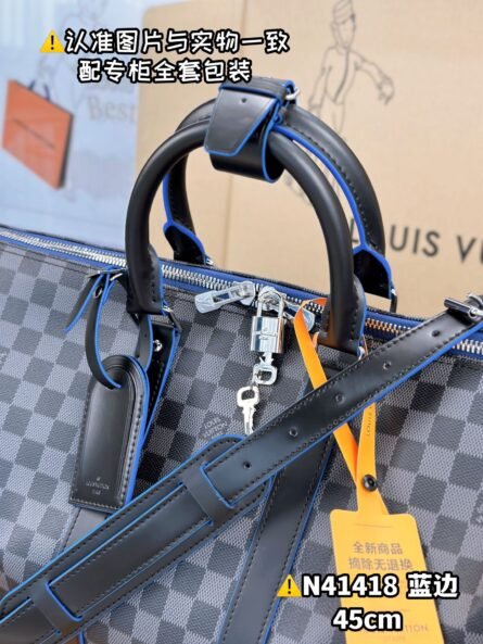 KEEPALL BANDOULIÈRE 45 TRAVEL BAG with BLACK GRID AND BLUE TIMES - 图片 6