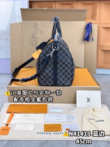 KEEPALL BANDOULIÈRE 45 TRAVEL BAG with BLACK GRID AND BLUE TIMES - 图片 7