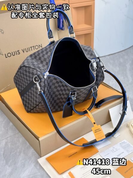 KEEPALL BANDOULIÈRE 45 TRAVEL BAG with BLACK GRID AND BLUE TIMES - 图片 8