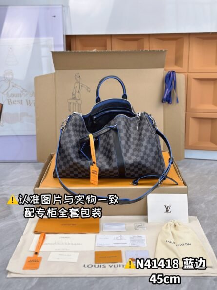 KEEPALL BANDOULIÈRE 45 TRAVEL BAG with BLACK GRID AND BLUE TIMES - 图片 9
